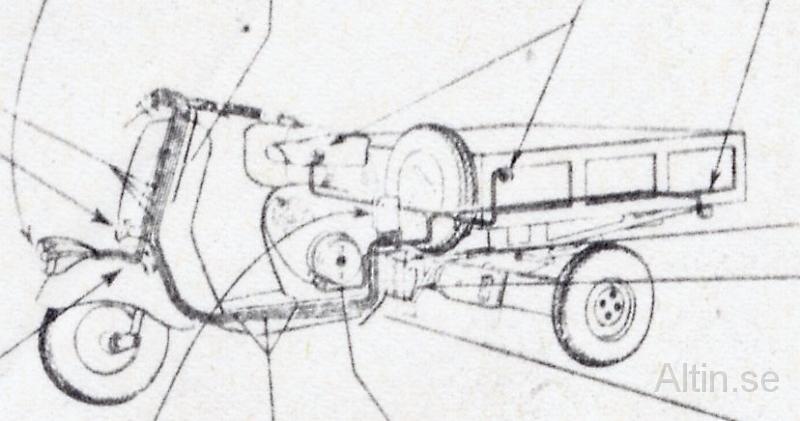APE 1.jpg - Så här såg den ut från början. Vespa APE . Vespan var från början en trehjulig Vespa med 2 hjul bak samt en Vespa fram. Motorn är på 125 cc samt 5,5 hk. Efter ombyggnad till 4 hjulig traktor har framdelen kapats och framvagn monterats från en trehjulig lastmoped.